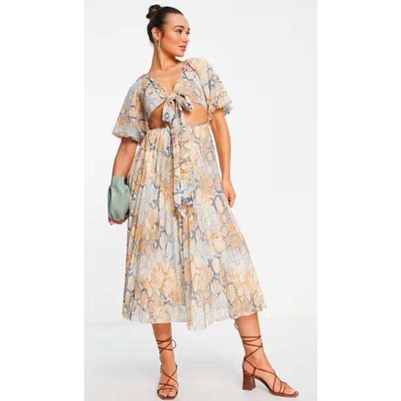 ASOS DESIGN Wrap around pleated midi dress in snake print Size 4 womens - Picture 2 of 7